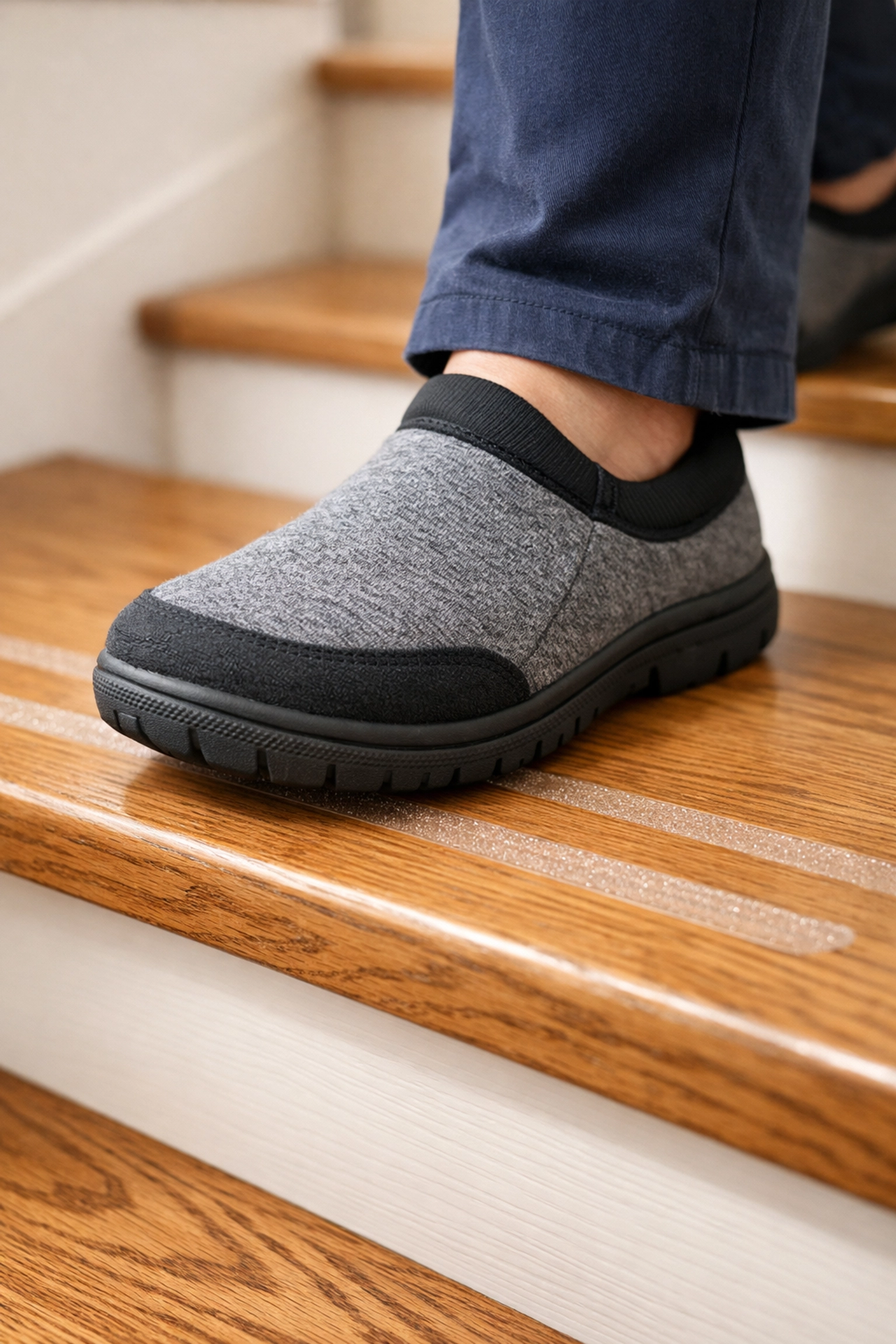 Close-up of rubber-soled shoes on wooden steps with transparent anti-slip safety traction strips.