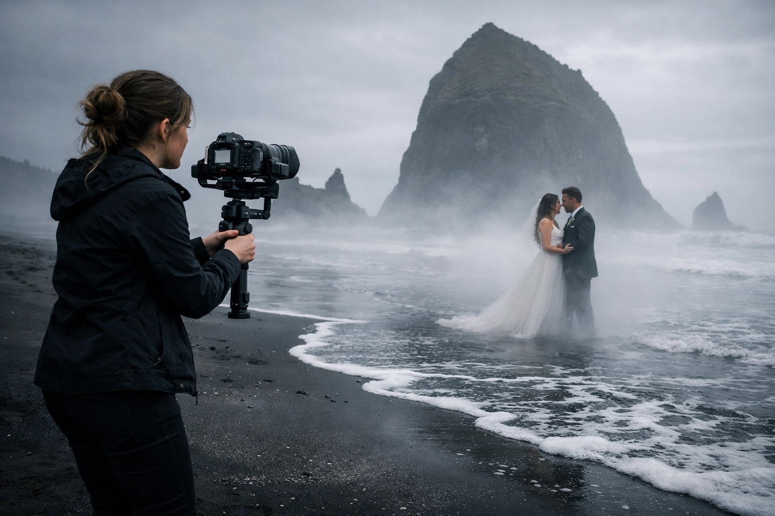 Wedding videographer capturing couple's ceremony at Cannon Beach with Haystack Rock in fog