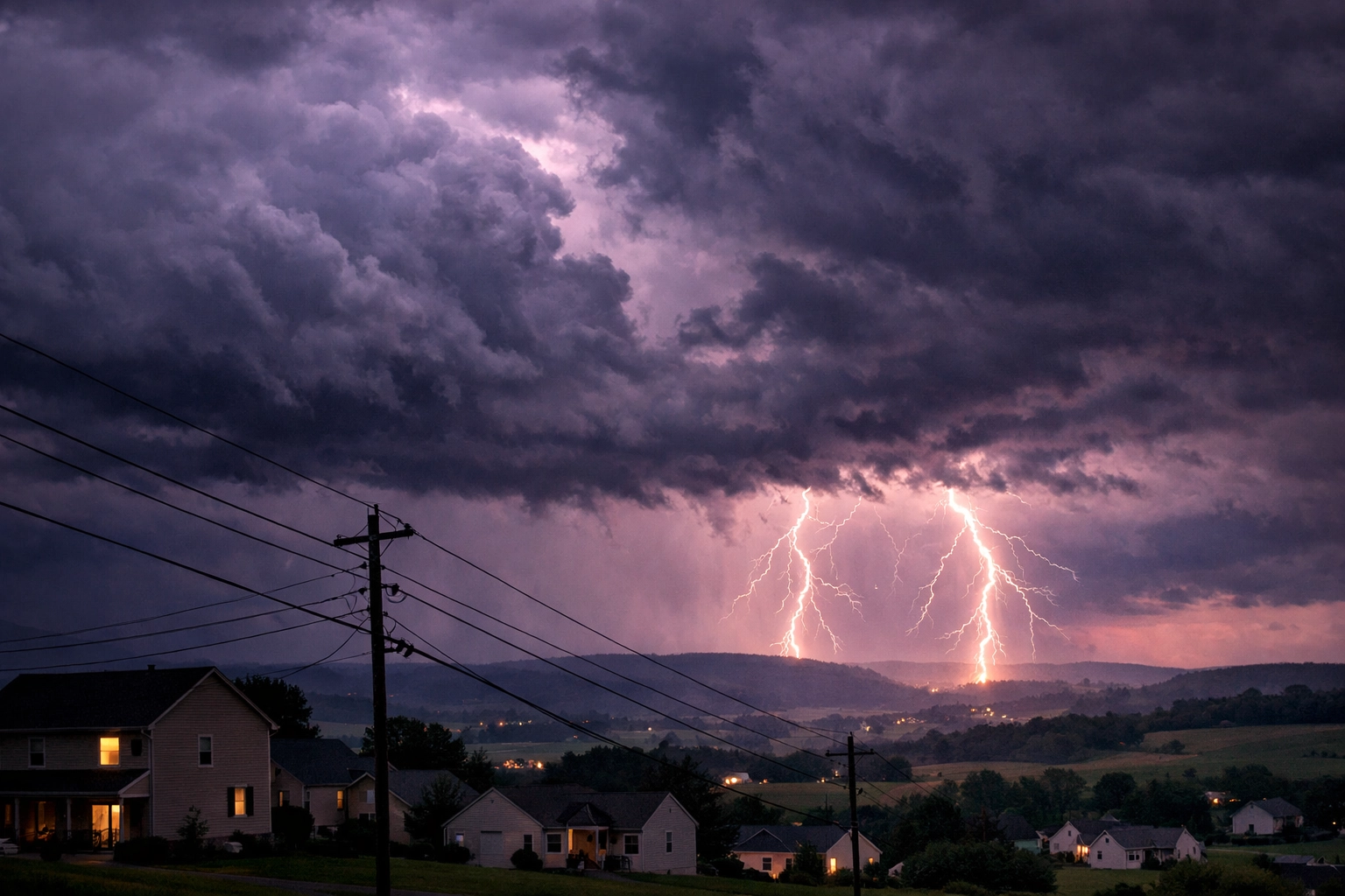 Lightning storm over Carlisle PA neighborhood with power lines and residential homes