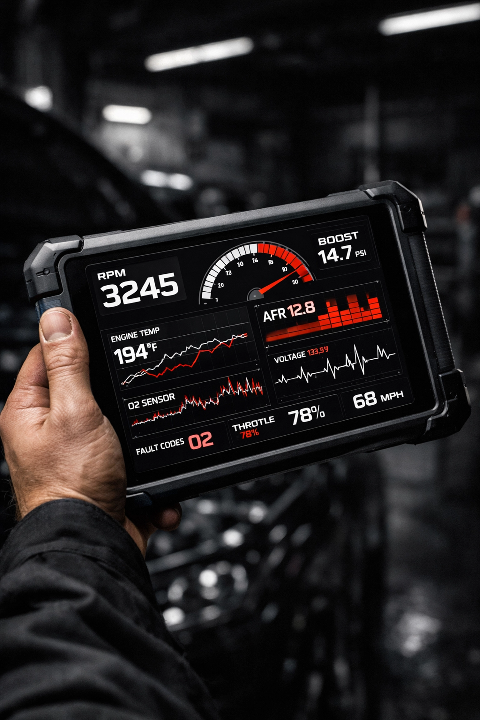 A technician uses a digital diagnostic tablet to analyze engine performance data in a professional garage.