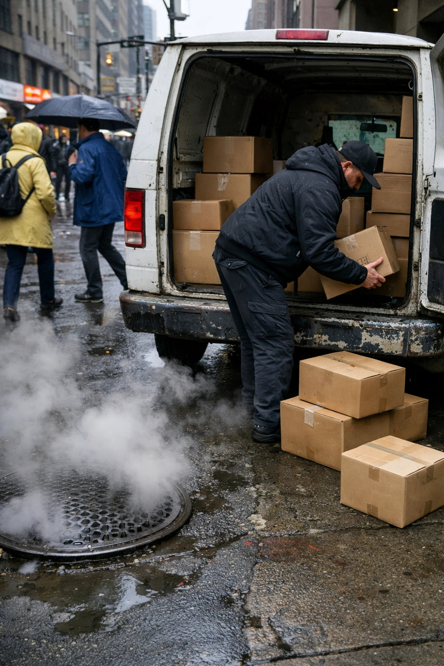 Delivery worker unloading parcels on a busy city street representing urban e-commerce infrastructure.