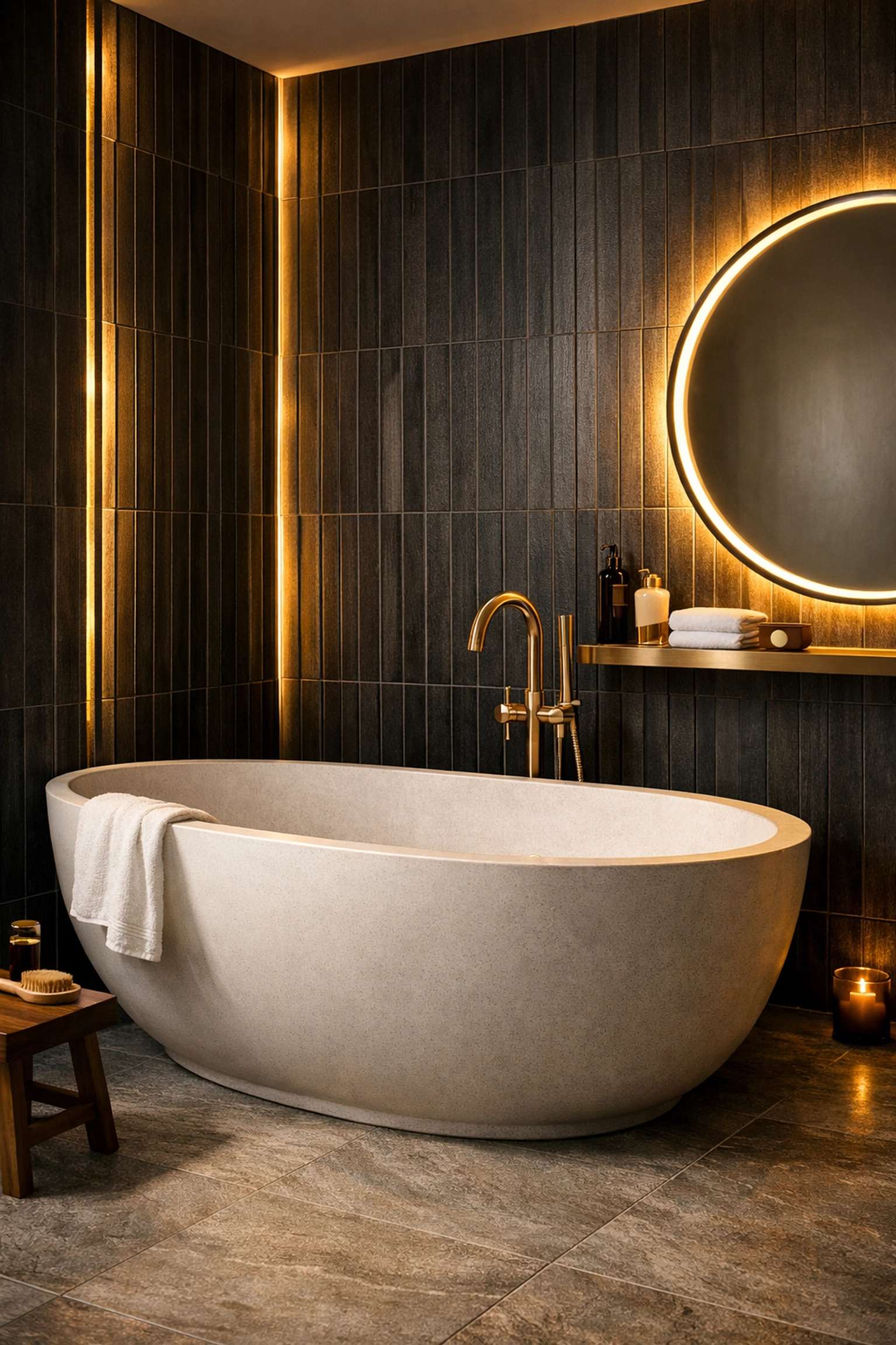 High-end bathroom renovation featuring a freestanding stone tub and charcoal wall tiles.