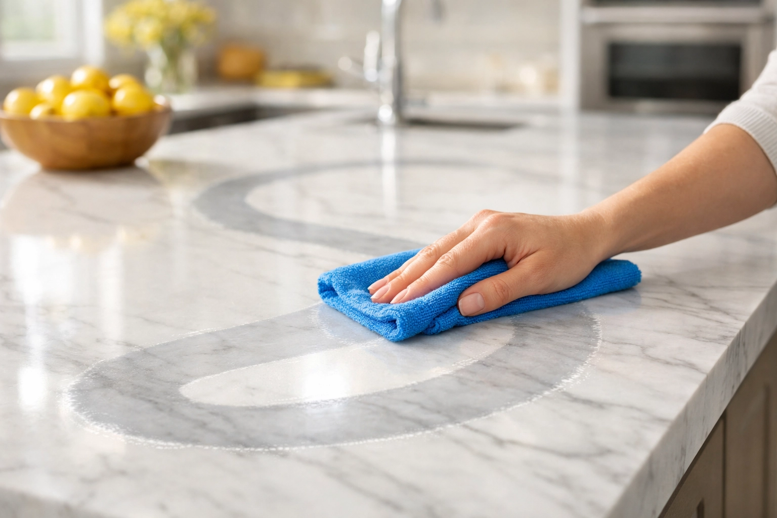 Professional house cleaning Lowell MA using a microfiber cloth in an S-pattern on a clean marble island.