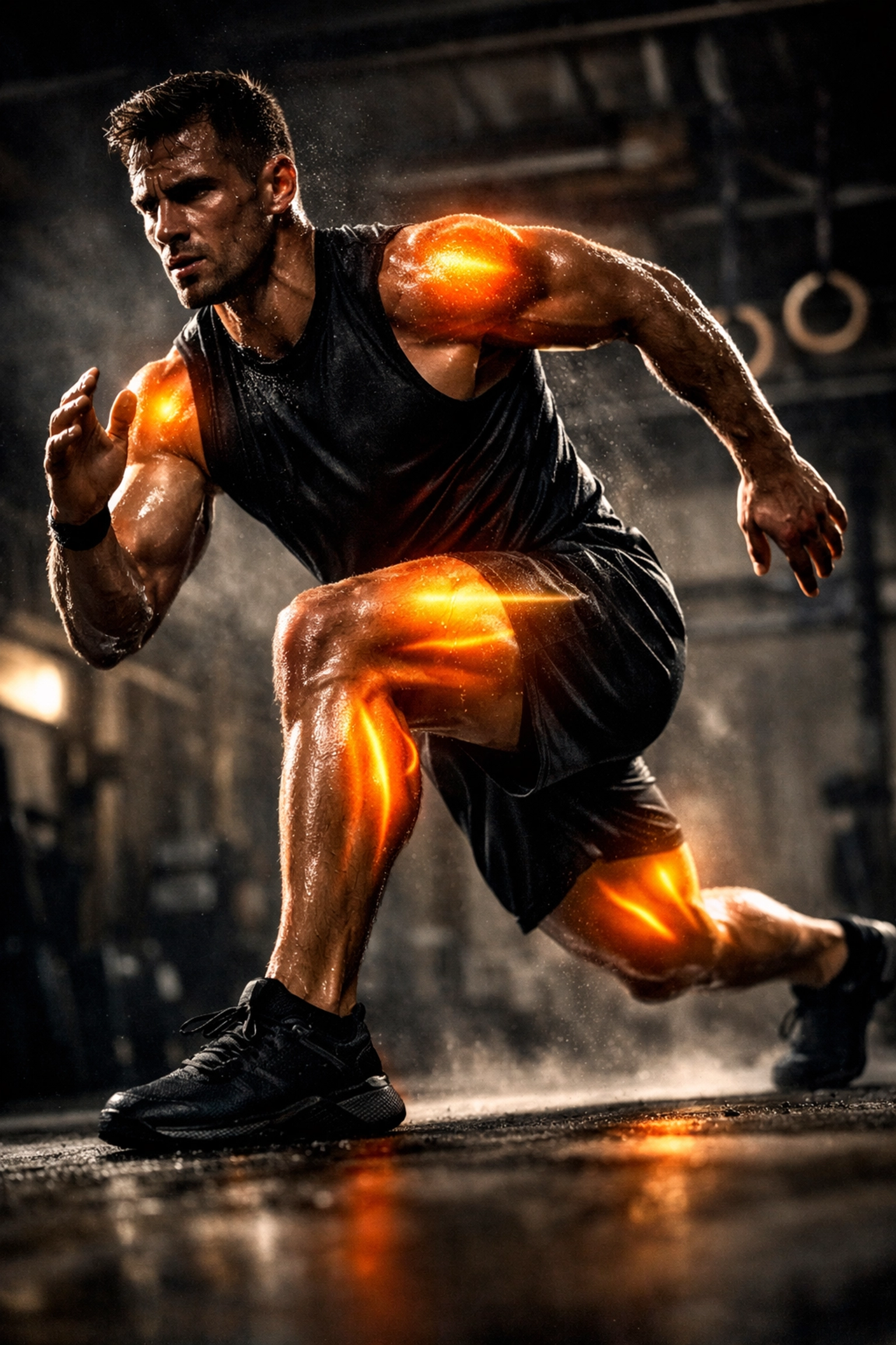 Athlete doing dynamic warm-up lunges in a CrossFit home gym to prepare for a full body workout.