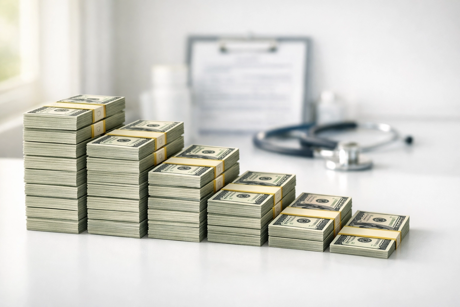 Declining stacks of cash representing revenue loss from unpaid medical claims