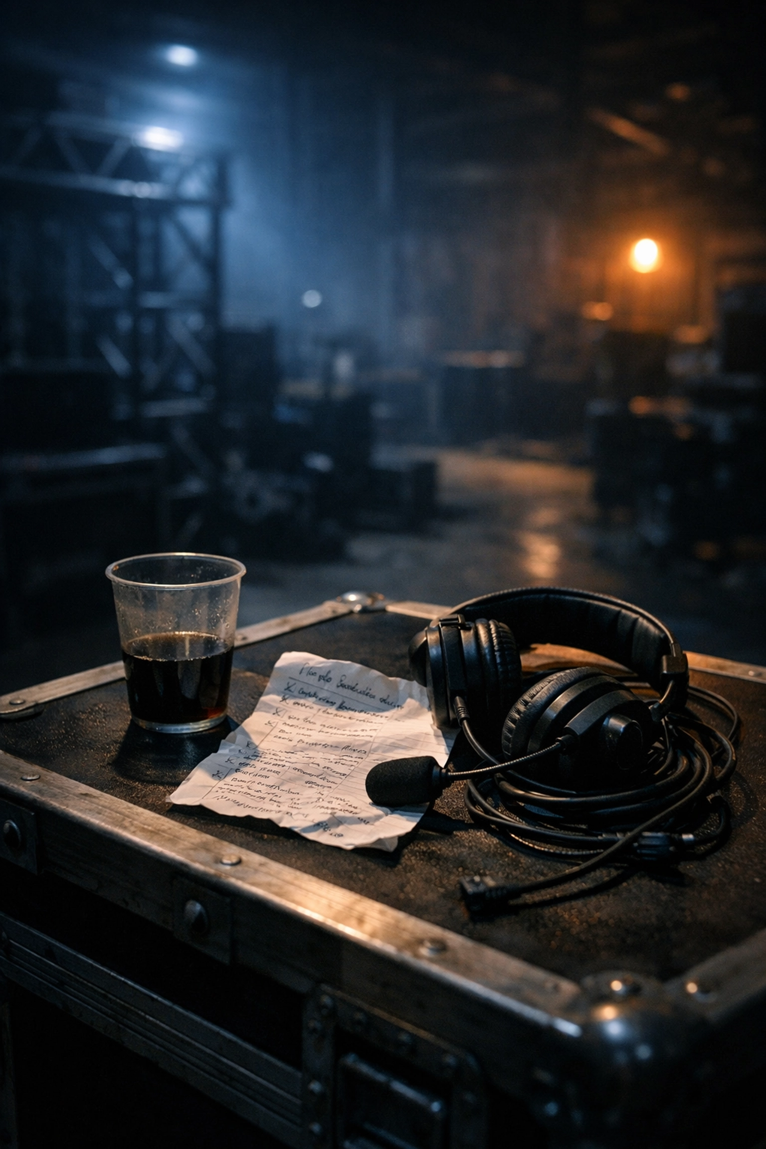 Event industry burnout represented by a coffee cup and headset in a dimly lit warehouse after a show.