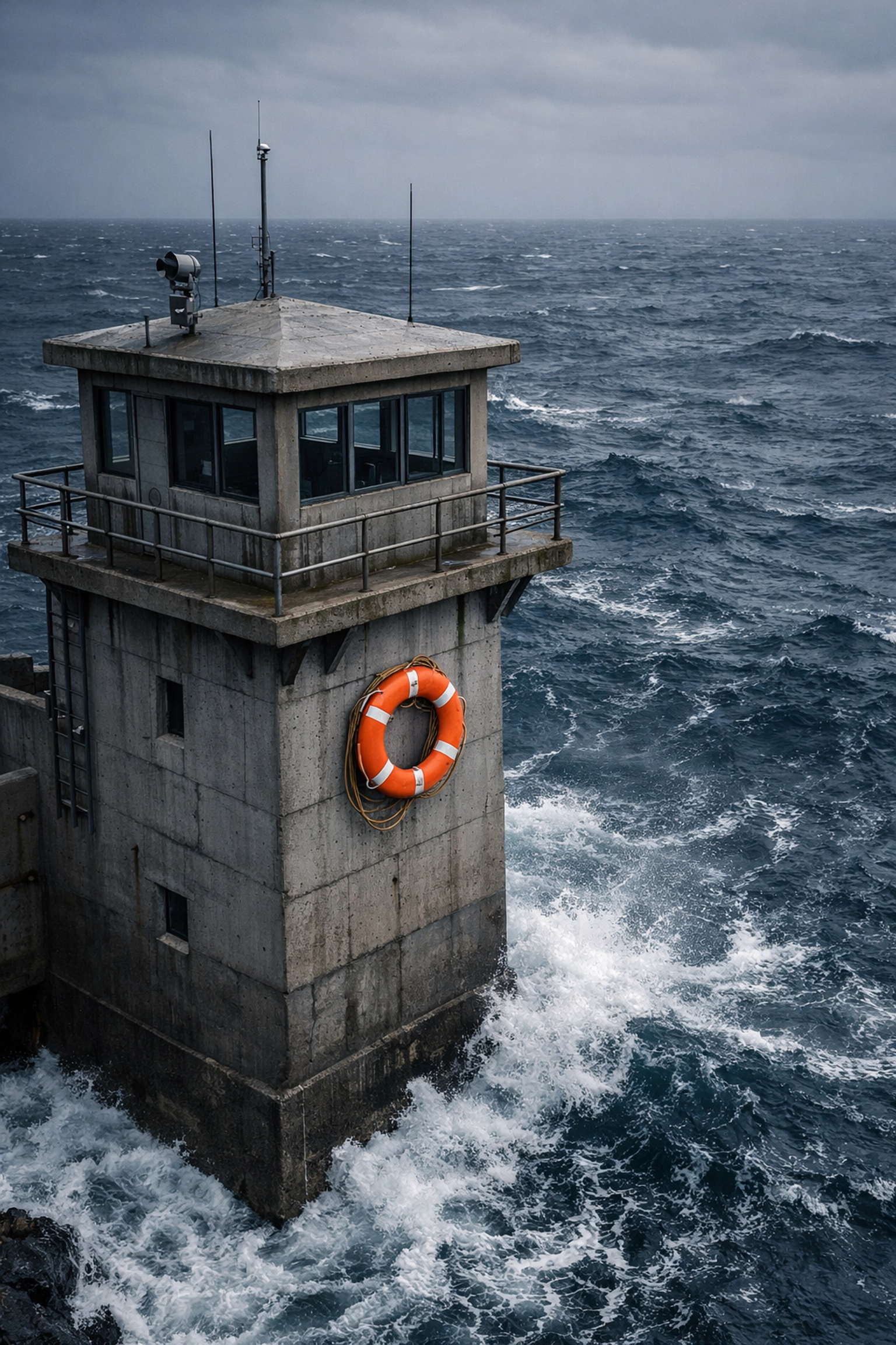 Sturdy watchtower protecting against a stormy ocean, representing financial stability during the Silver Tsunami.