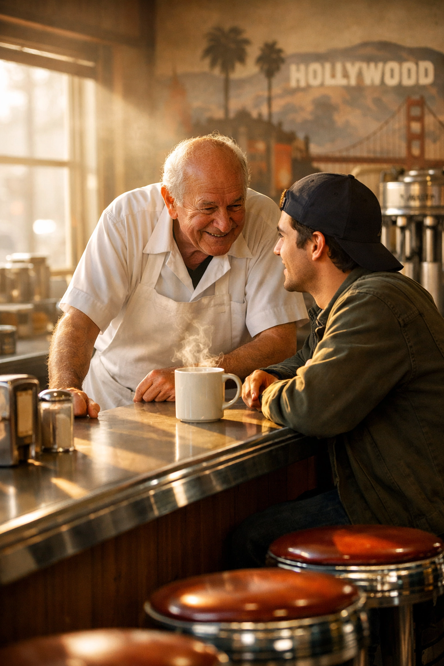 Chef and customer at a San Francisco legacy business diner counter in the Mission District.