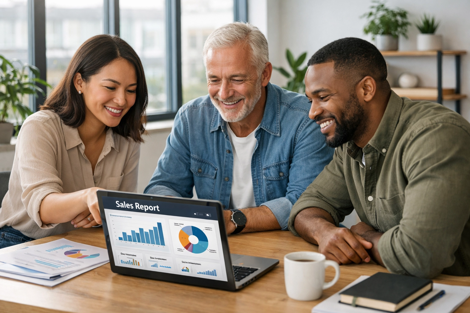 UK business owners reviewing EPOS analytics and sales reports on laptop