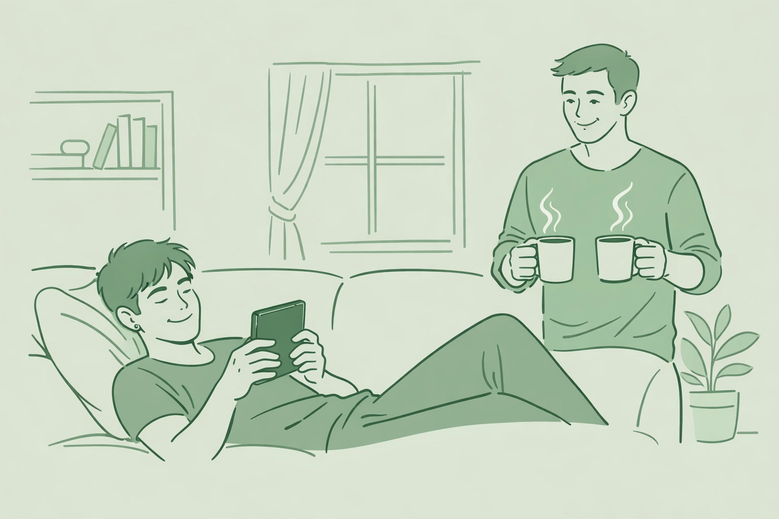 Gay couple enjoying cozy reading moment with LGBTQ+ fiction and domestic romance