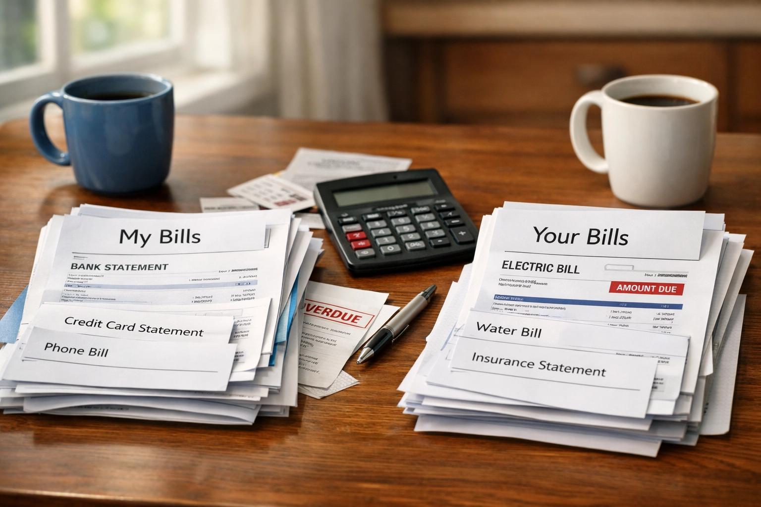 Divided household bills and financial records for Virginia in-home separation