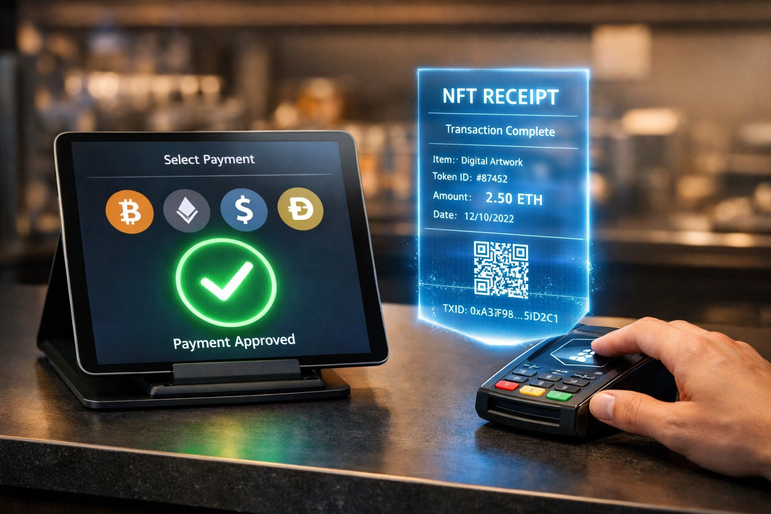 Modern crypto payment terminal with NFT receipt for transparent merchant transactions