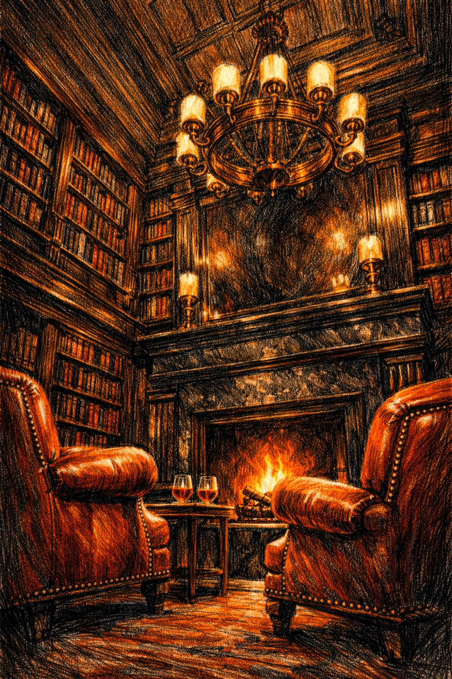 Luxury hospitality design in a moody hotel library lounge with cognac leather chairs and marble fireplace.