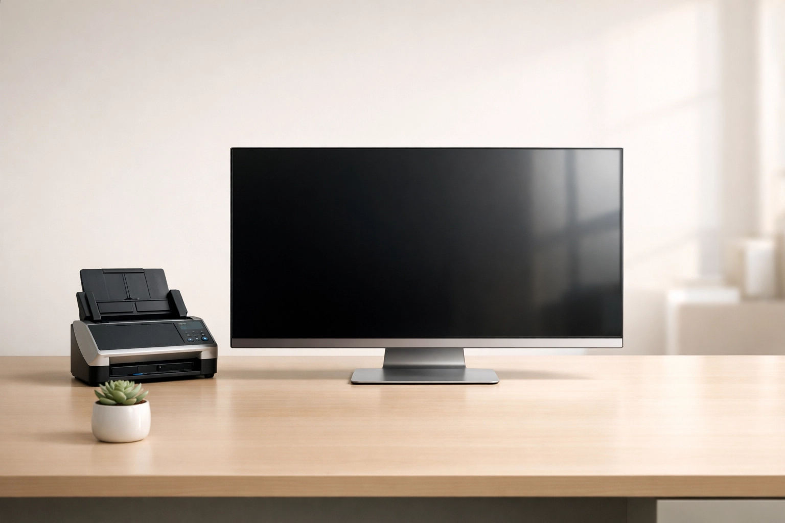 A streamlined digital tax office setup featuring a monitor and scanner for efficient ERO filing.