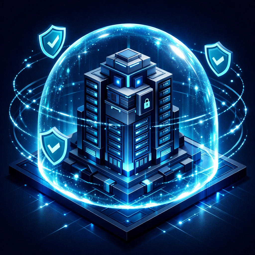A digital fortress protecting a server, representing secure website maintenance services and professional monitoring.
