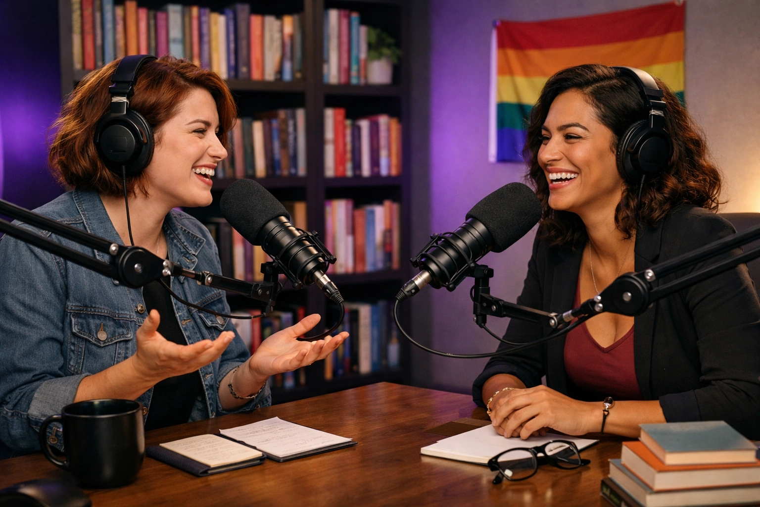 Two lesbian women laughing while recording an LGBTQ+ book podcast surrounded by queer literature.