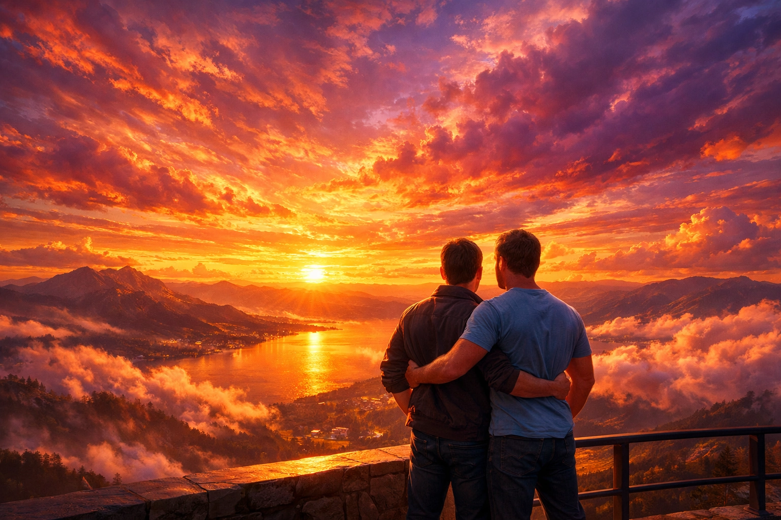 Two men embracing at sunset, symbolizing the importance of happy endings in best MM romance books of 2026.