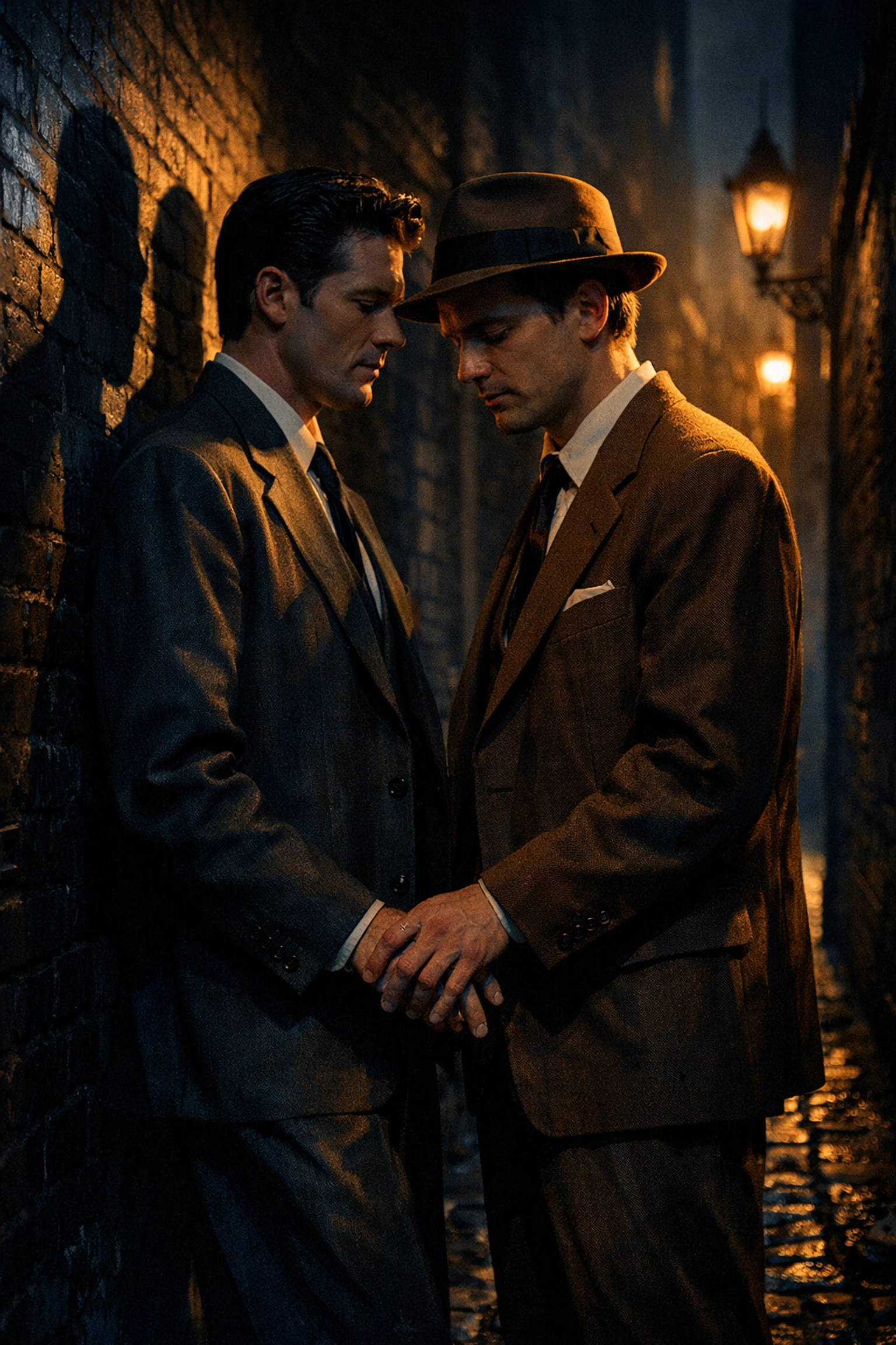 Two gay men meeting secretly in a dark alley, reflecting the history found in our historical MM romance books.