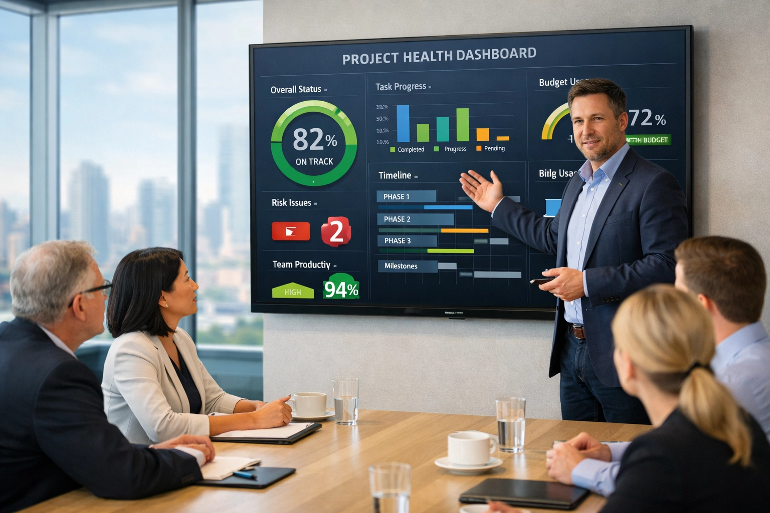 Project manager presenting a real-time dashboard from a top ServiceNow implementation partner.