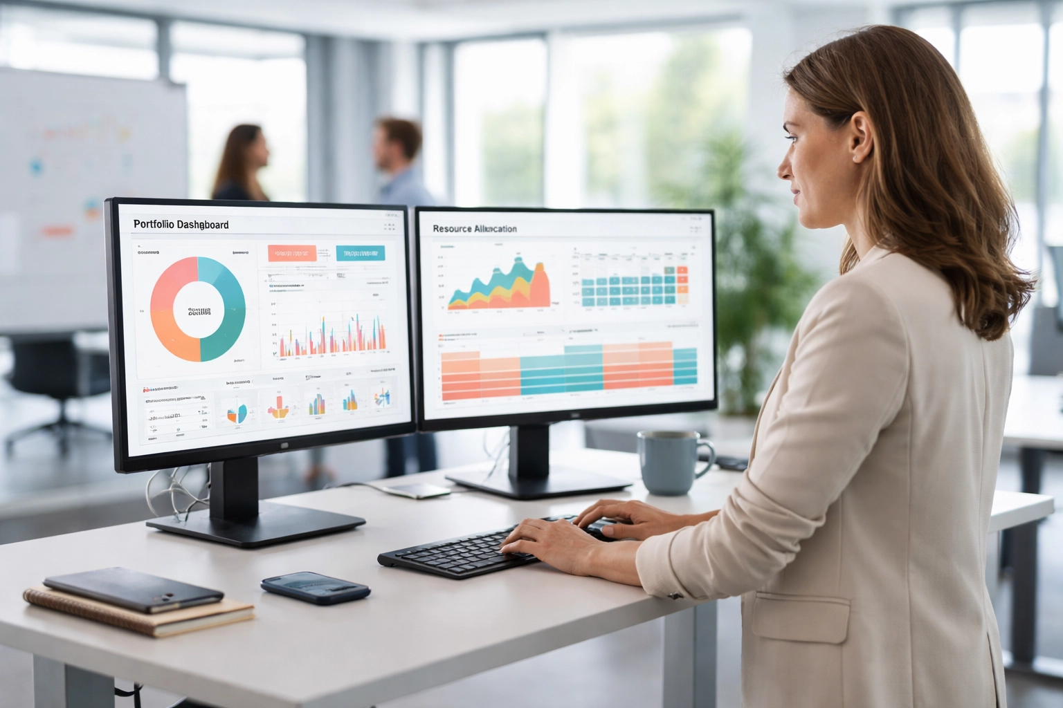Business analyst reviewing IT portfolio dashboards and resource charts on dual monitors, demonstrating strategic ServiceNow SPM decision-making.