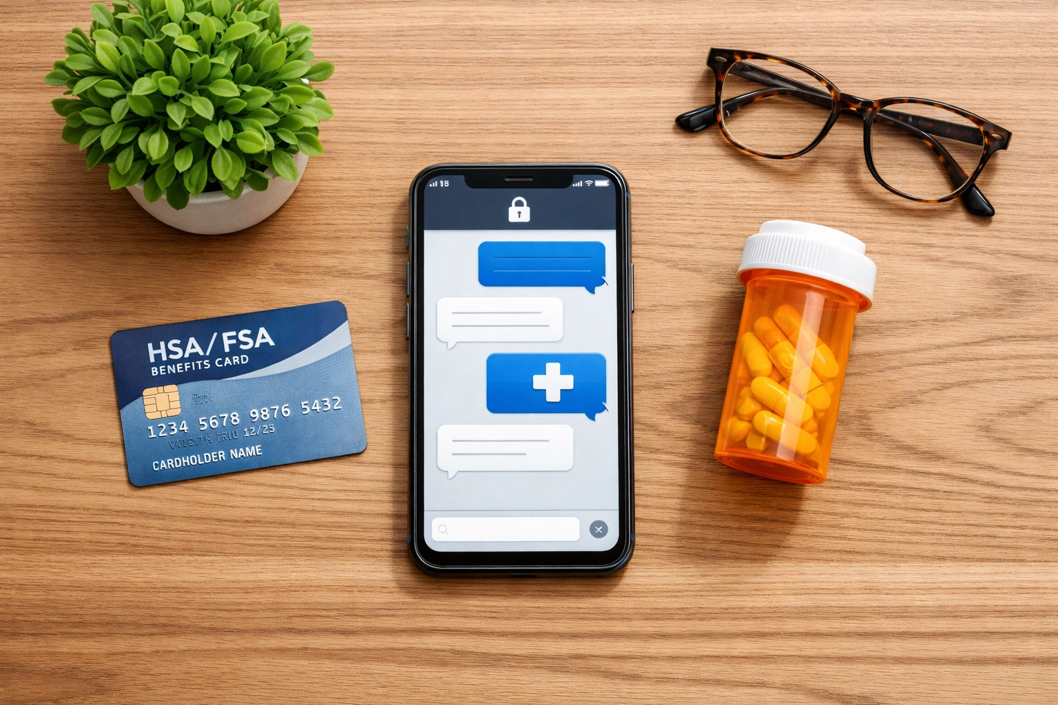 Smartphone with medical chat, HSA card, and weight loss medication for online doctor consultation.