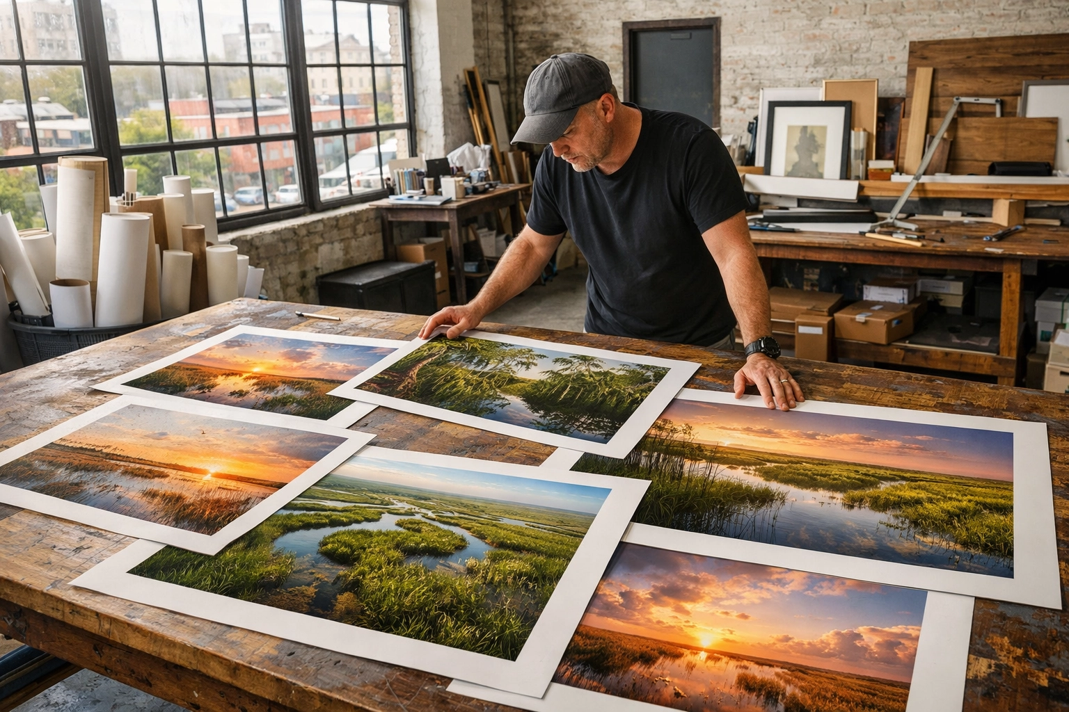 Photographer inspecting museum quality prints of the Everglades for sale in a professional studio.