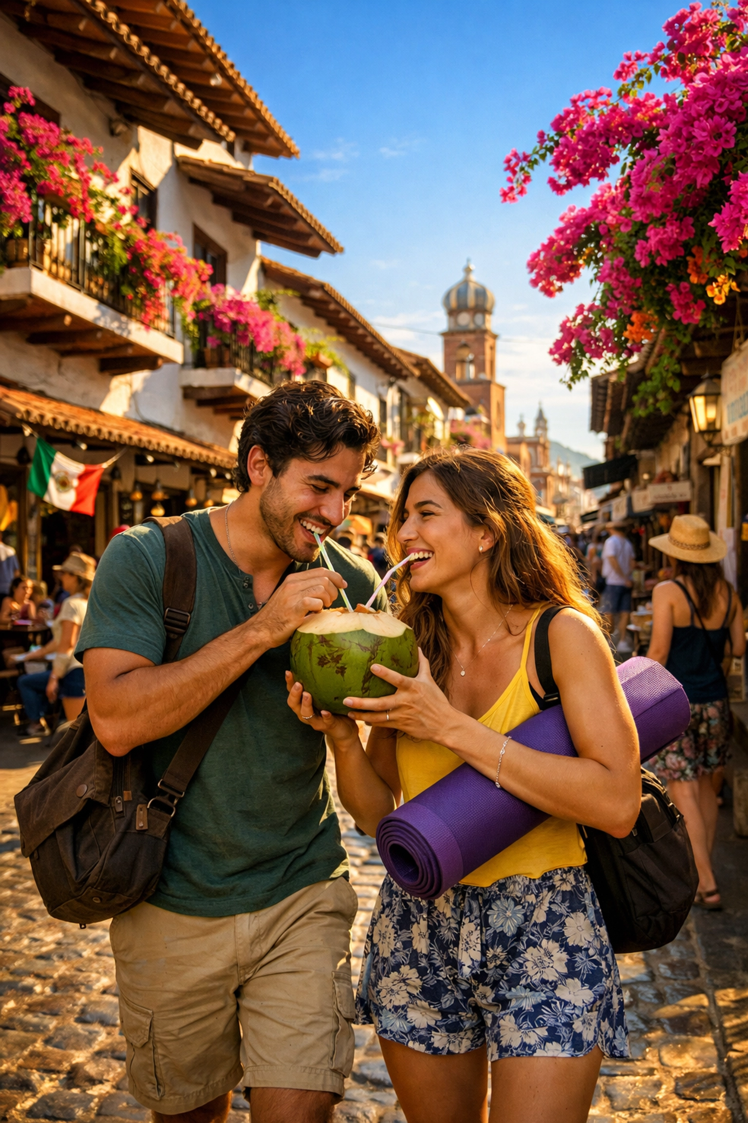 Digital nomads exploring the colorful cobblestone streets and traditional architecture of Old Town Puerto Vallarta.