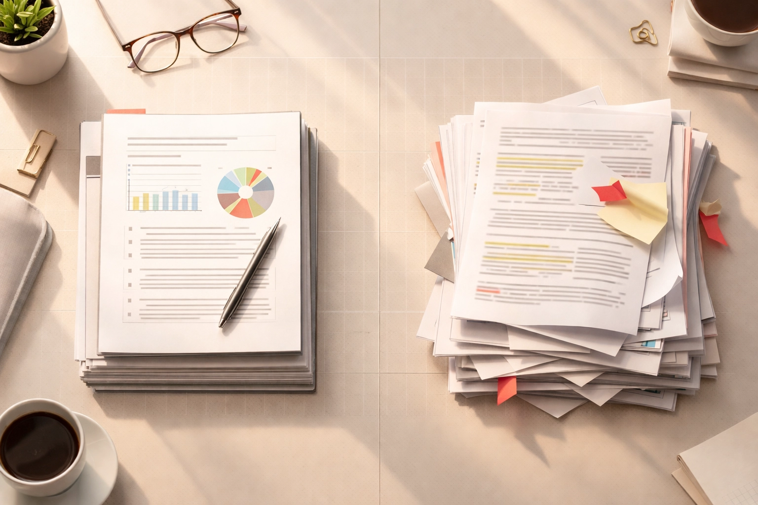 Side-by-side comparison of organized and disordered documents, highlighting clarity versus hidden broker costs.