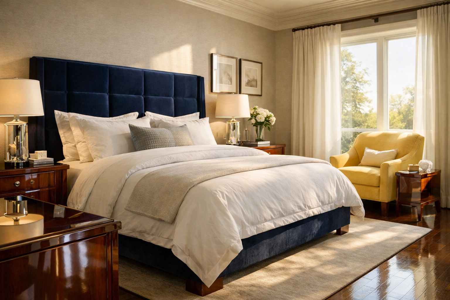 Clean master bedroom with polished furniture maintained by reliable house cleaning services MA.