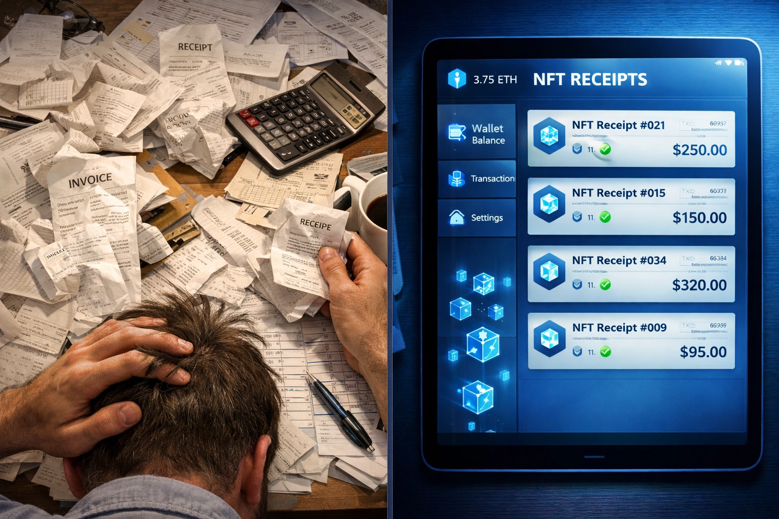 Comparison of messy paper receipts versus organized digital NFT receipts for crypto accounting