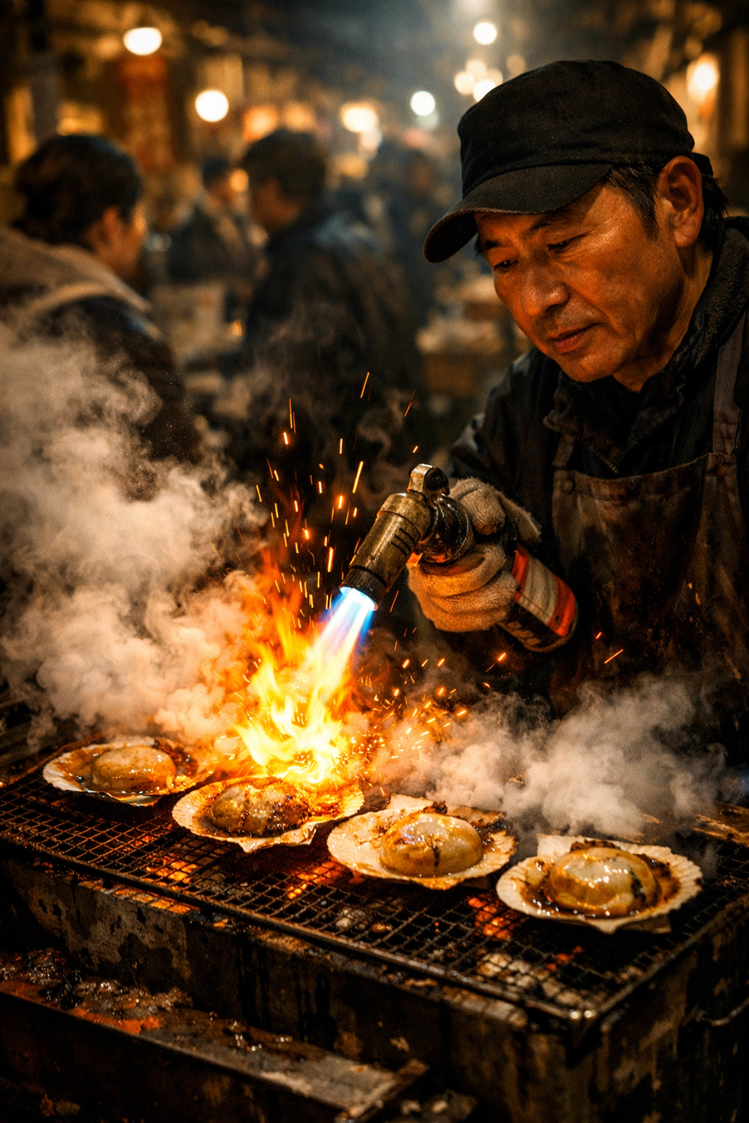 A street food vendor blowtorching fresh scallops at a busy Tsukiji Outer Market stall.