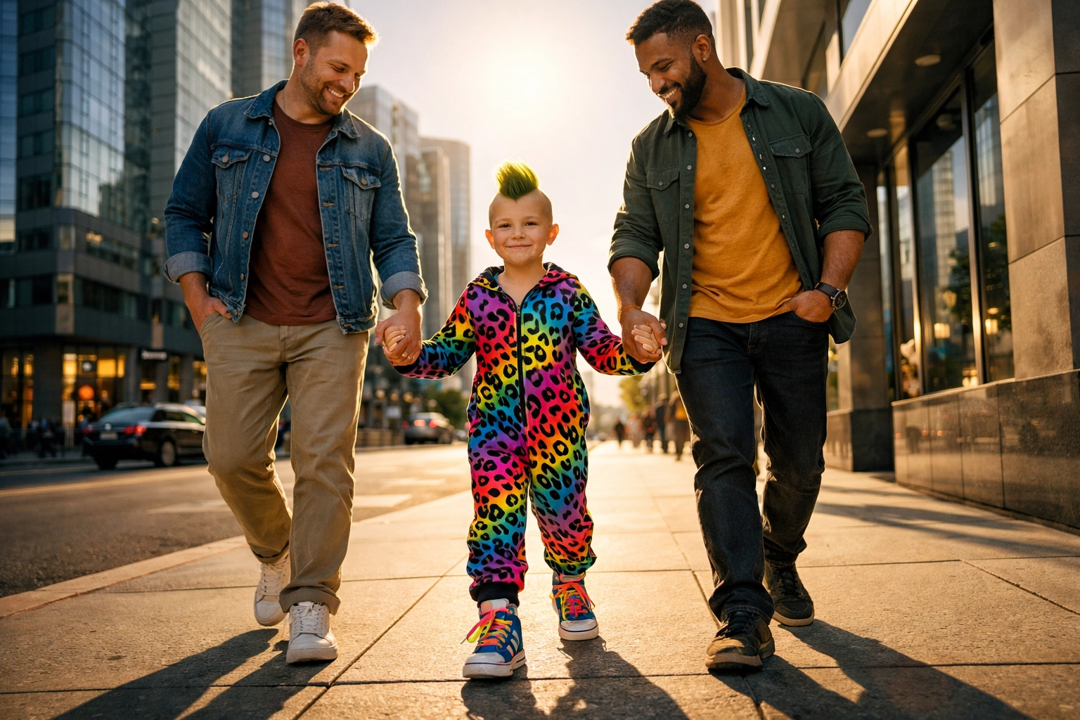 Two gay fathers walking with their gender creative child, representing supportive and proud LGBTQ+ parenting.