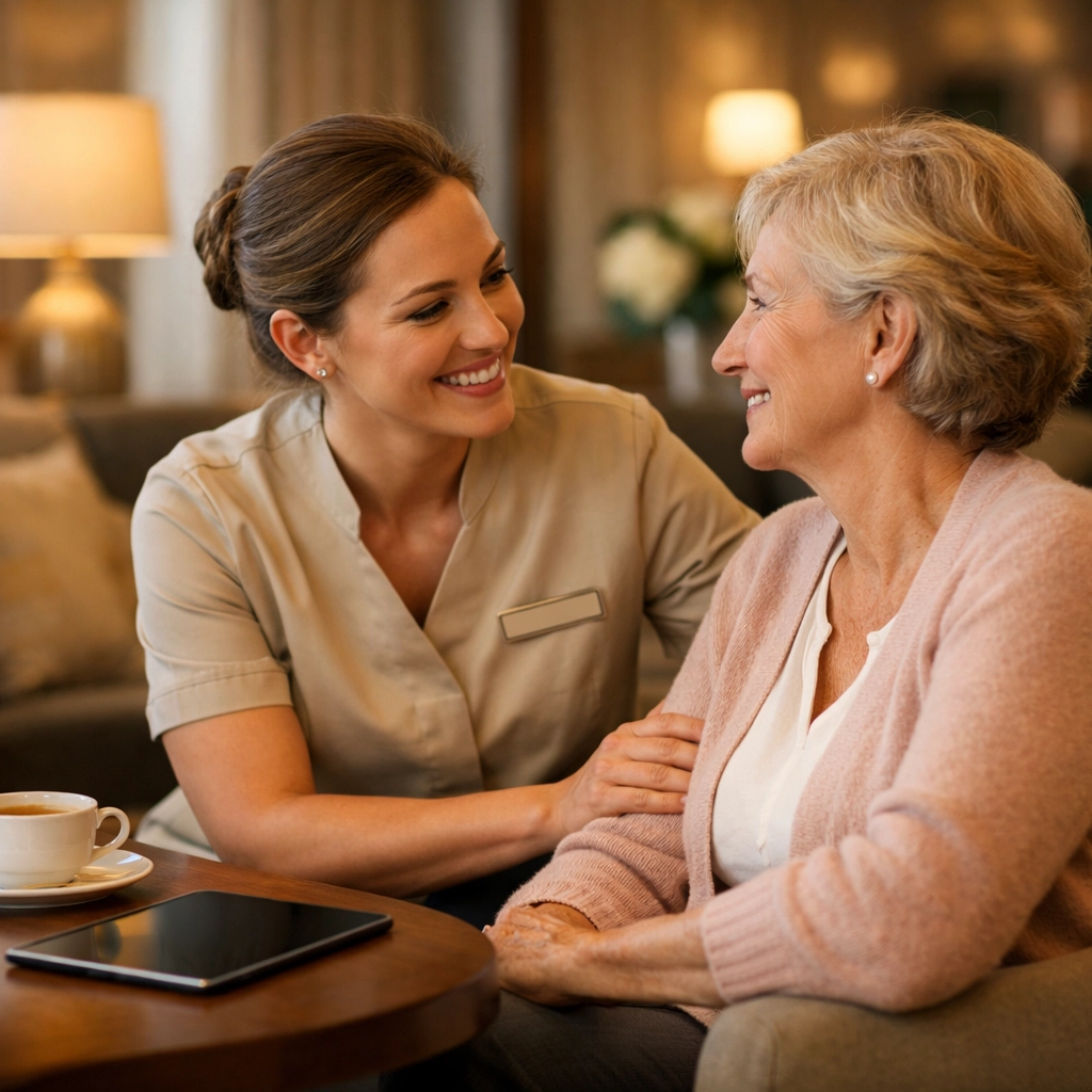 Hospitality staff member focusing on genuine patient connection in a warm, professional healthcare setting.