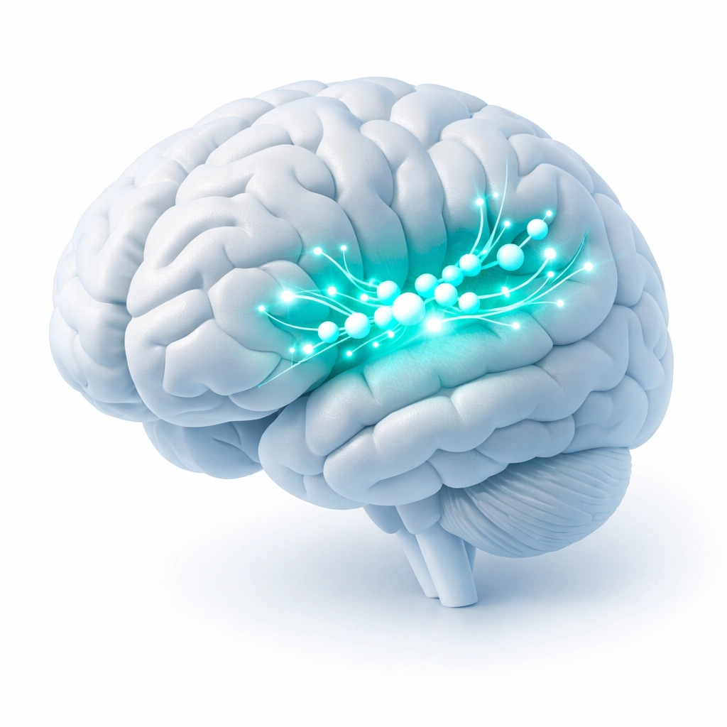 Brain illustration showing dopamine pathways and reward system affected by addiction