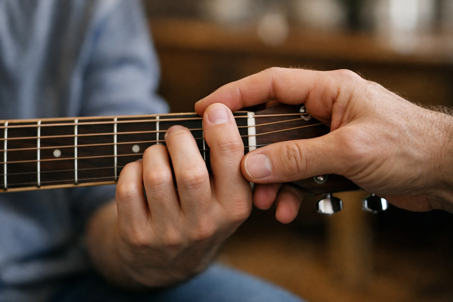 A guitar teacher in Tallahassee corrects a student's hand positioning on a fretboard during a lesson.