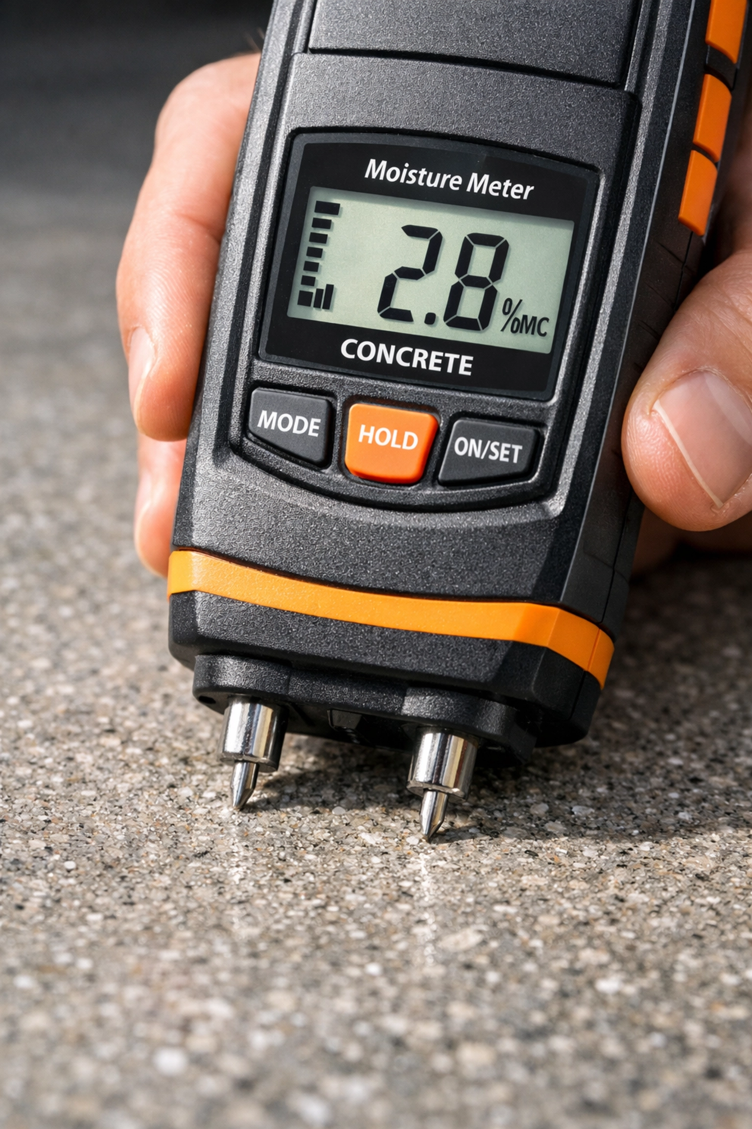 Professional moisture testing on diamond-ground concrete for a Madison MS garage floor coating.