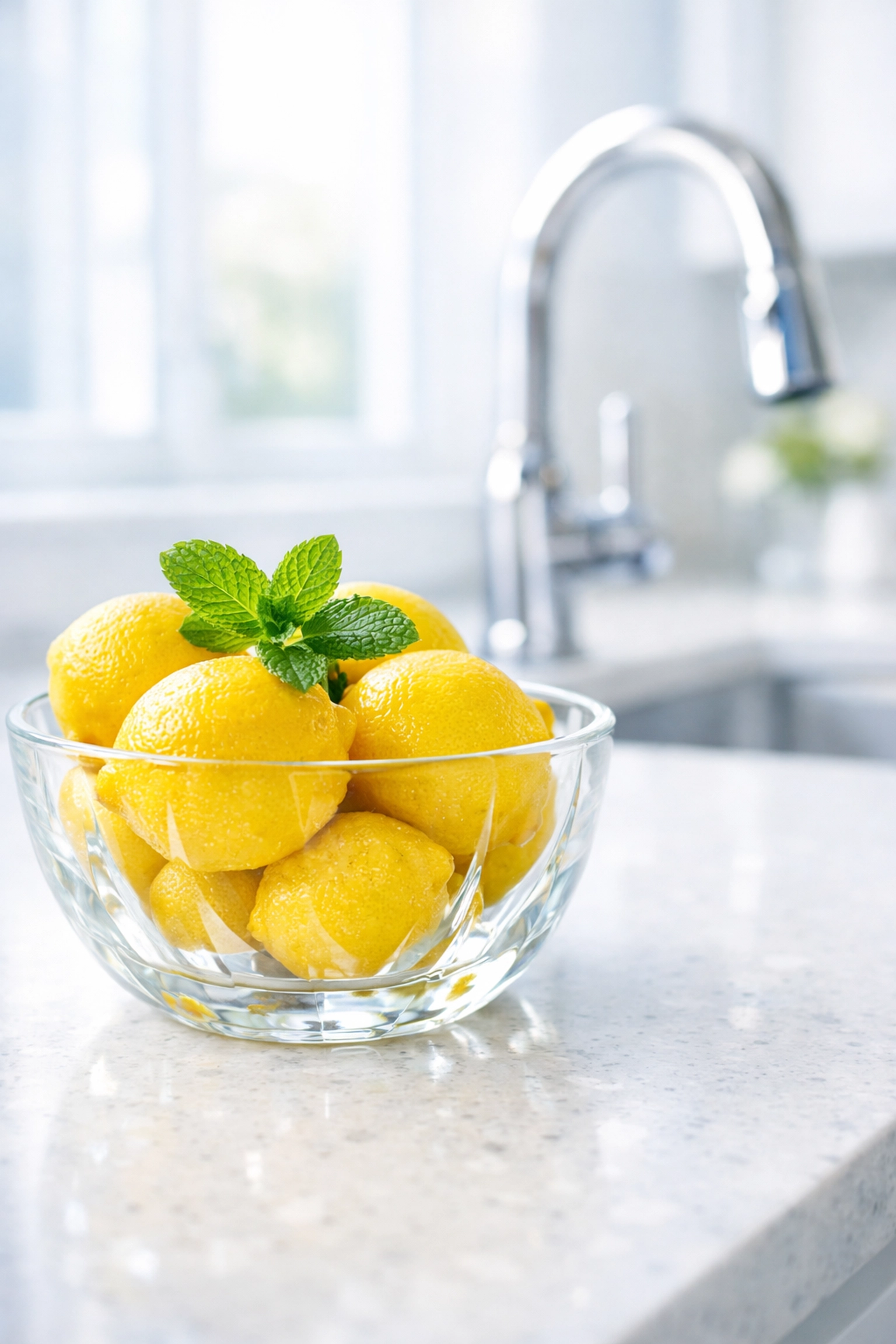 Clean kitchen counters with fresh lemons representing odor elimination during regular apartment cleaning.
