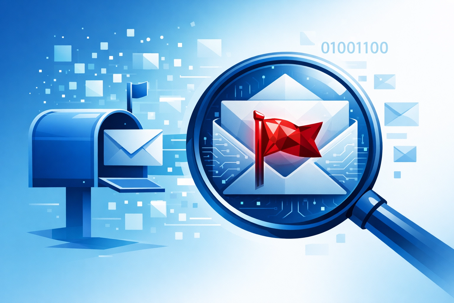 Magnifying glass inspecting a suspicious digital email for phishing detection in a remote work setup