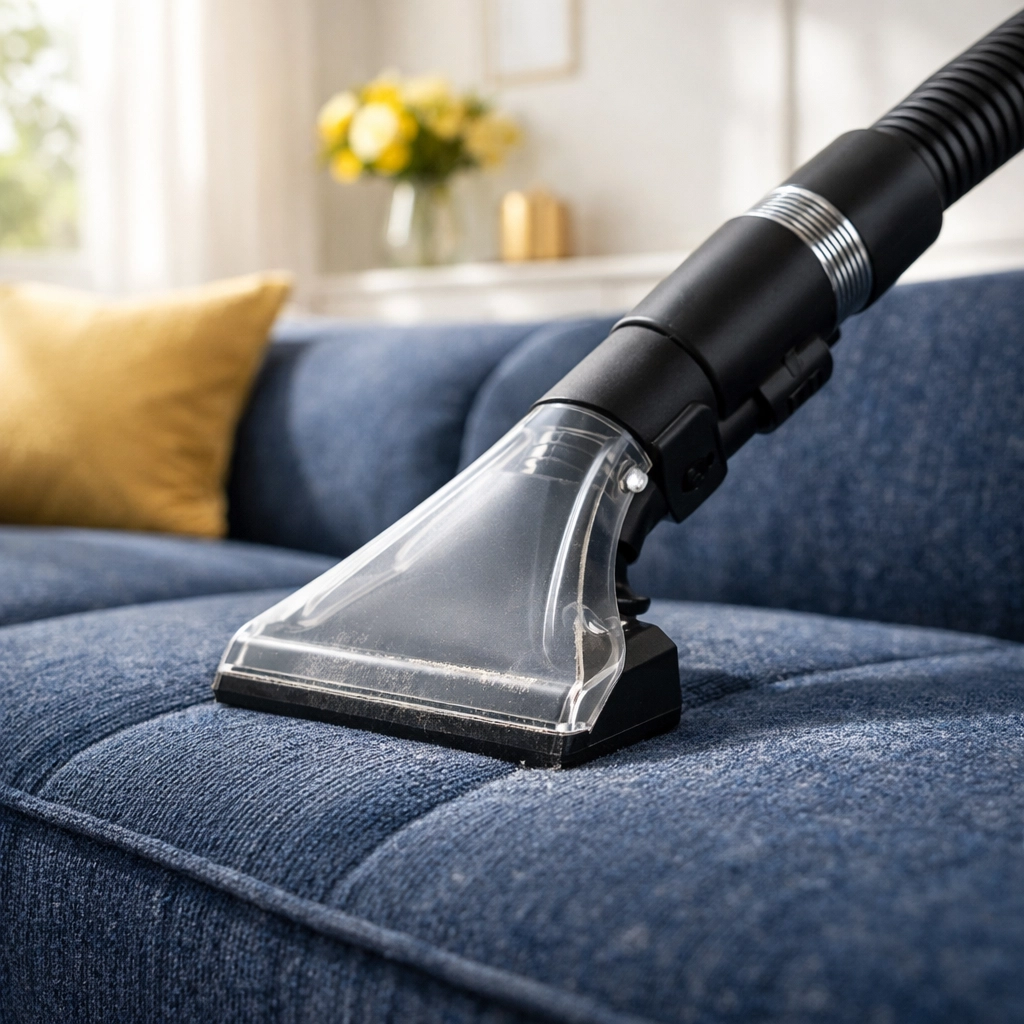 Using a vacuum upholstery tool to remove pet hair and odors from a navy blue sofa.