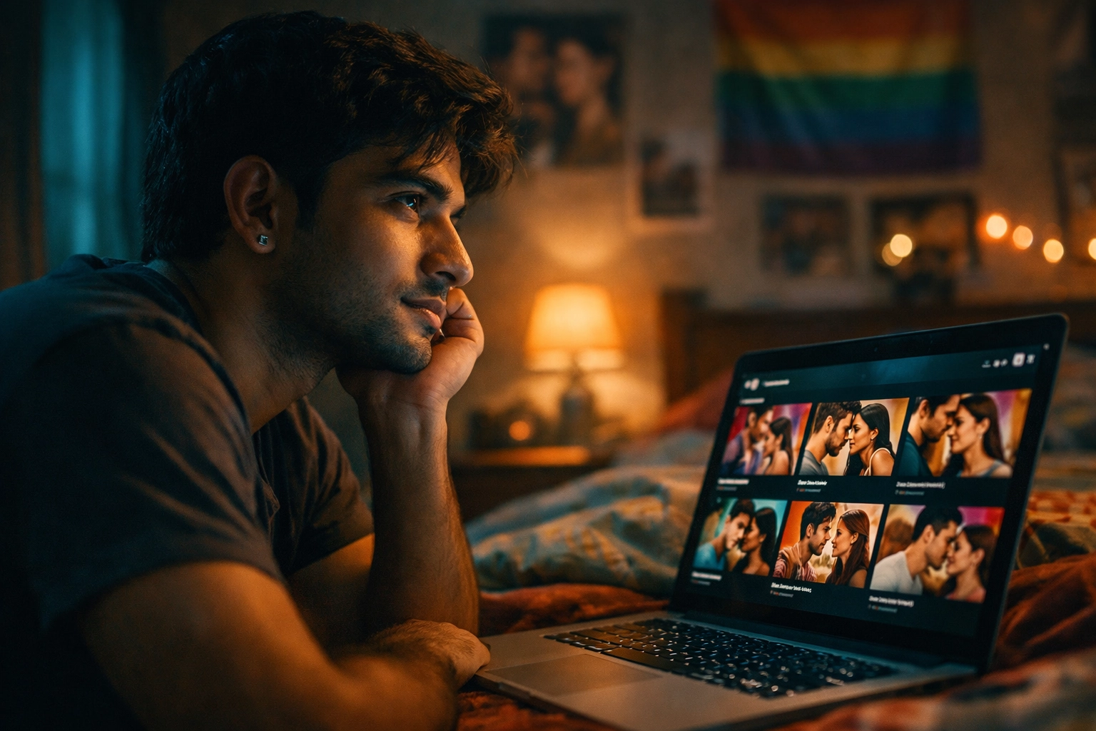 Young Indian man watching LGBTQ+ web series on laptop at night