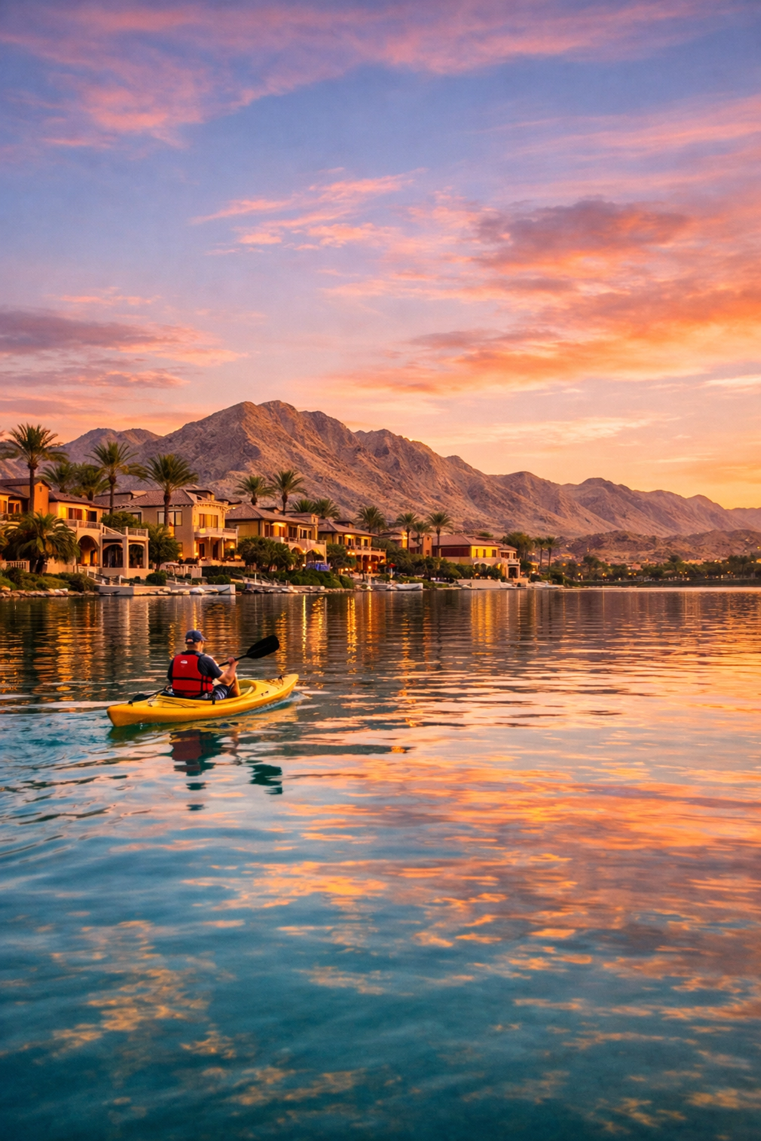 Lake Las Vegas waterfront homes with kayaker on calm water at sunset Henderson Nevada