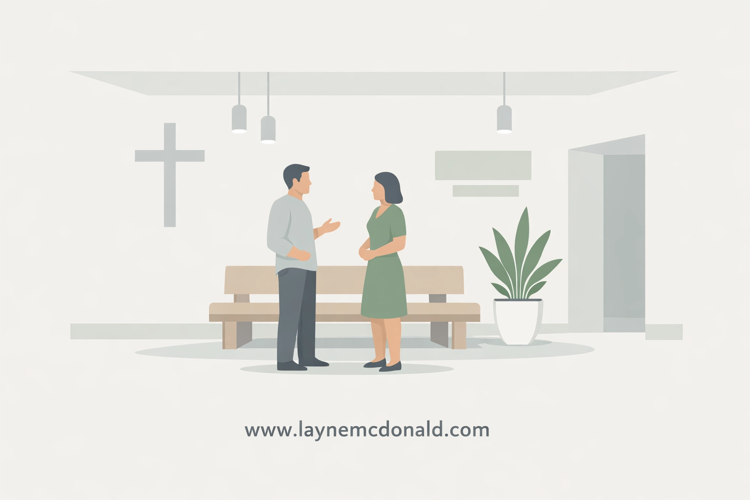 Church members talking in a modern lobby, highlighting relational connection points beyond Sunday worship services.