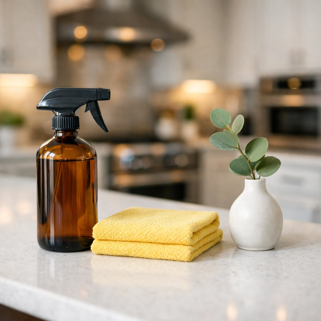 Eco-friendly luxury house cleaning in Westford using non-toxic products on a modern kitchen island.