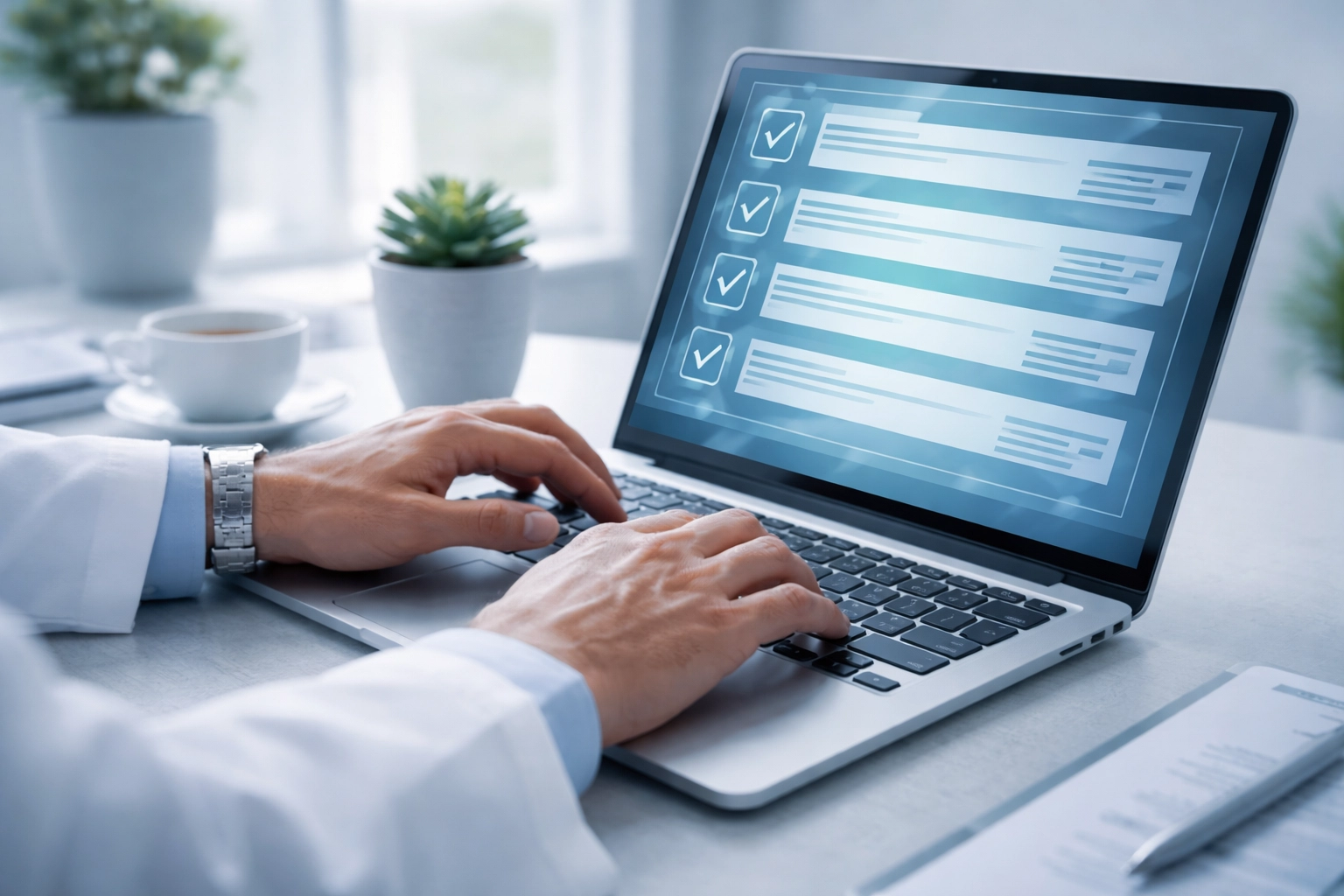 Clinician using digital documentation software to ensure home health compliance with 42 CFR 484