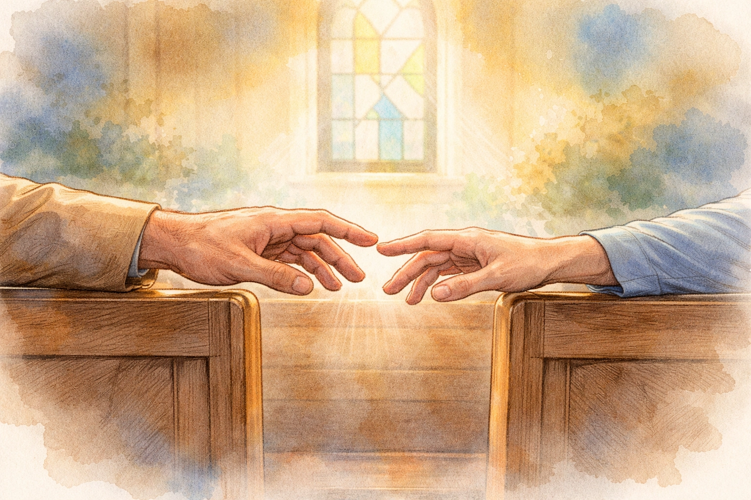 Two hands reaching across a church pew, symbolizing belonging and genuine Christian community in a faith-based setting.