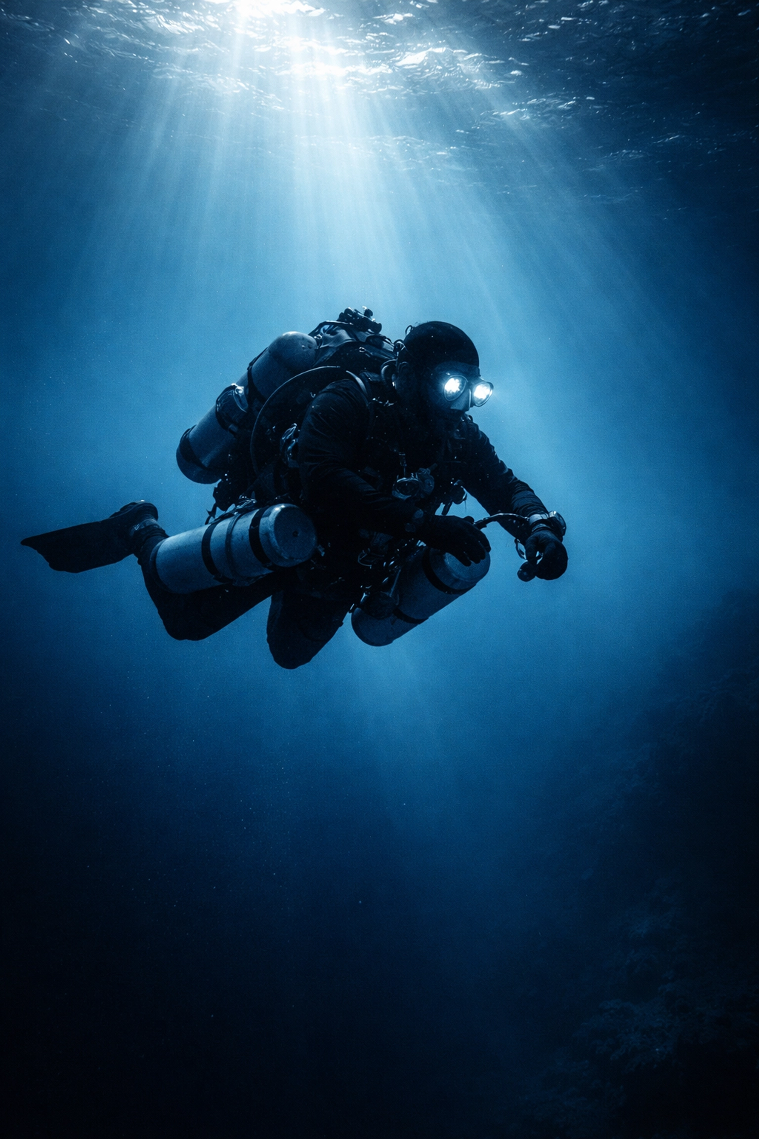 Unterwasserfoto eines Trimix-Tauchers auf großer Tiefe mit mehreren Tanks, symbolisiert extreme technische Tauchgänge