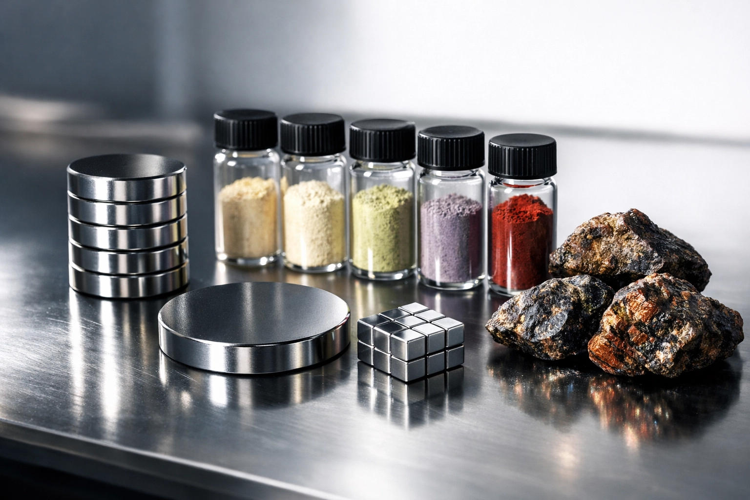 Rare earth element mineral samples and oxides displayed in laboratory setting