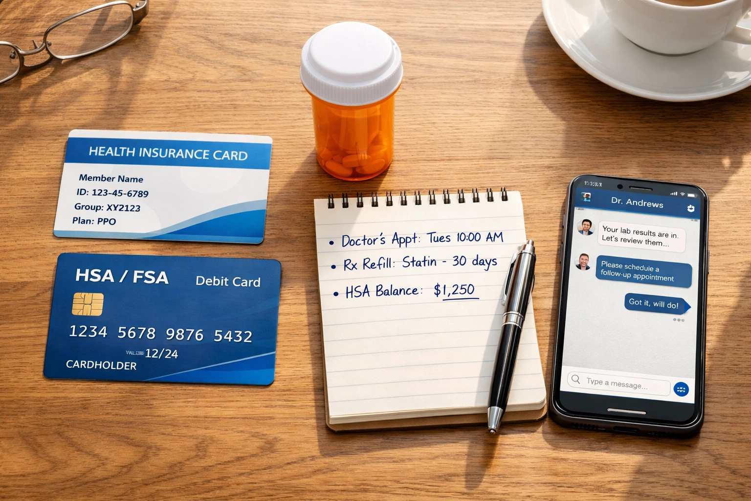 Insurance cards and HSA/FSA card with prescription for Wegovy or Zepbound coverage