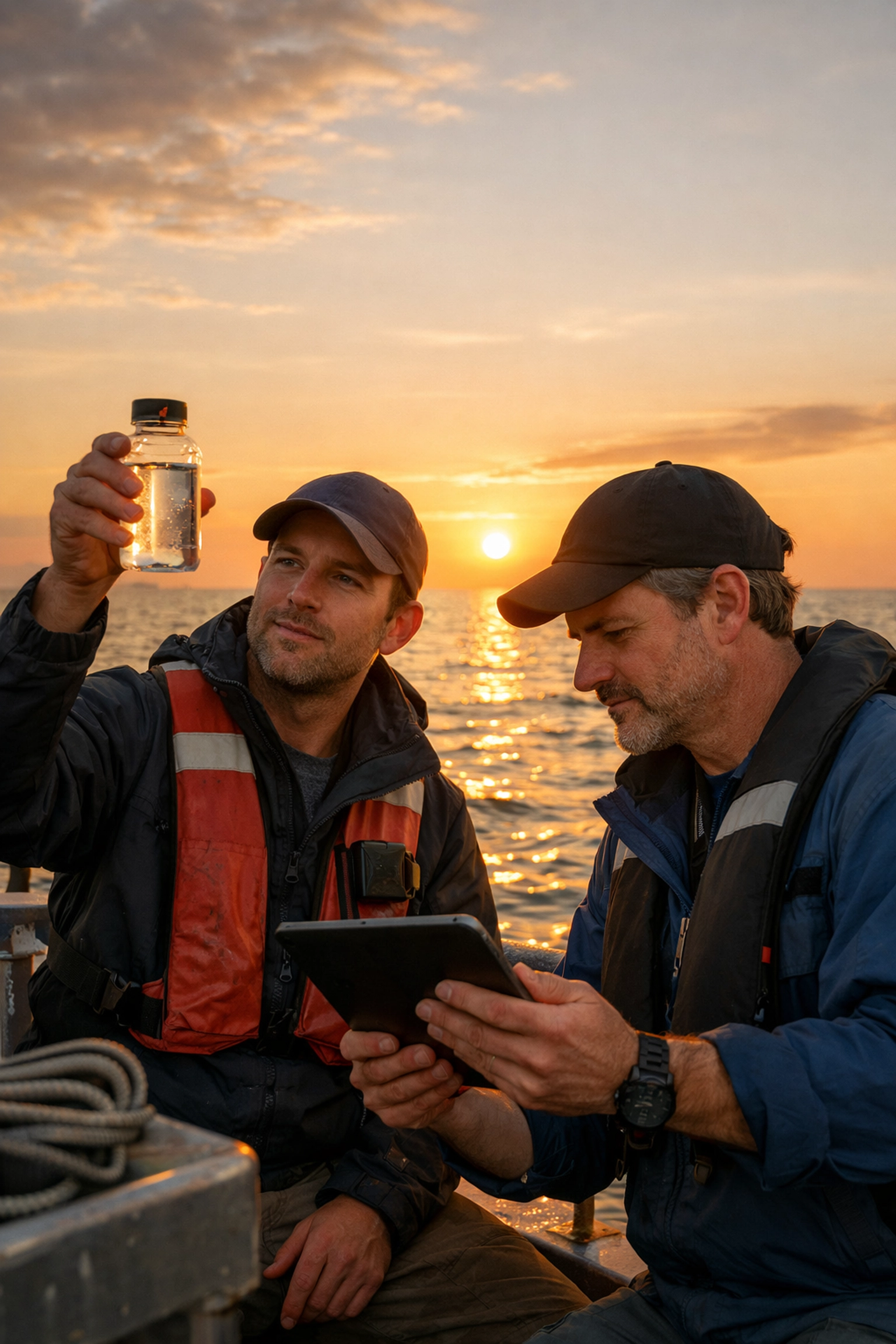 Male marine researchers analyzing ocean water samples on conservation research boat at sunset
