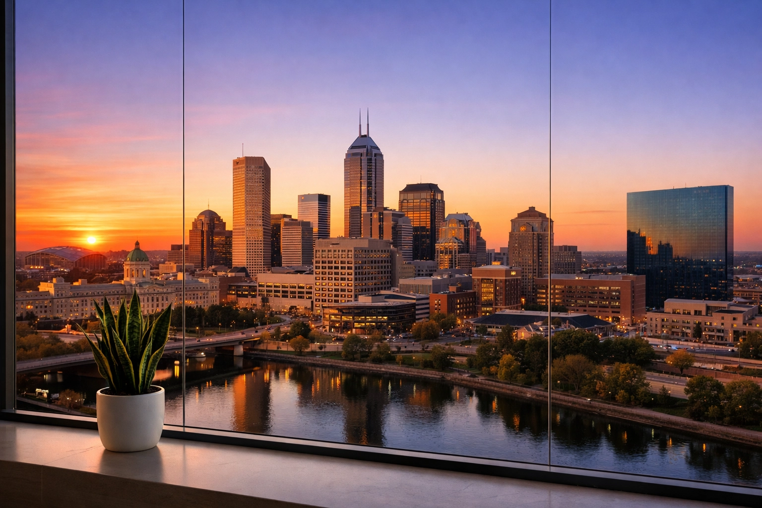 Clean office windows overlooking the Indianapolis skyline demonstrating metropolitan cleaning standards.